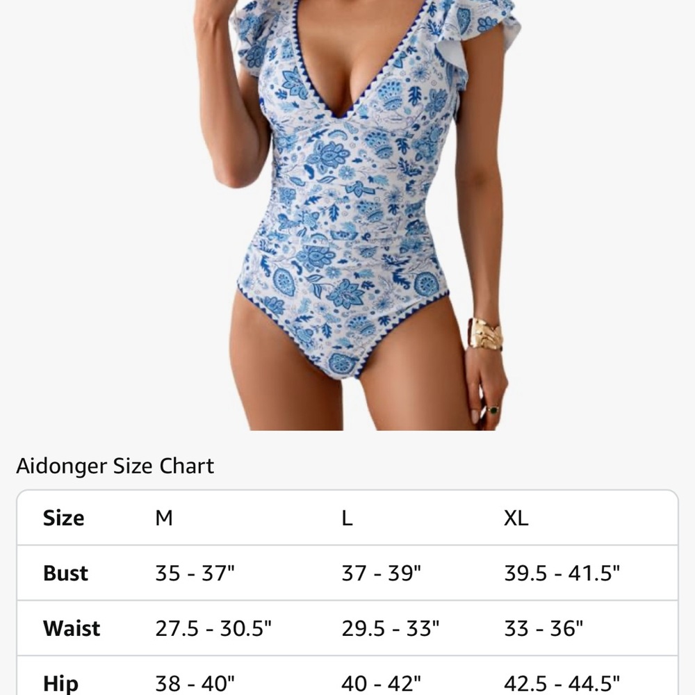 Elegant Blue Floral Ruffle Sleeve Tummy Control Women's One Piece Swimsuit - Picture 6 of 6
